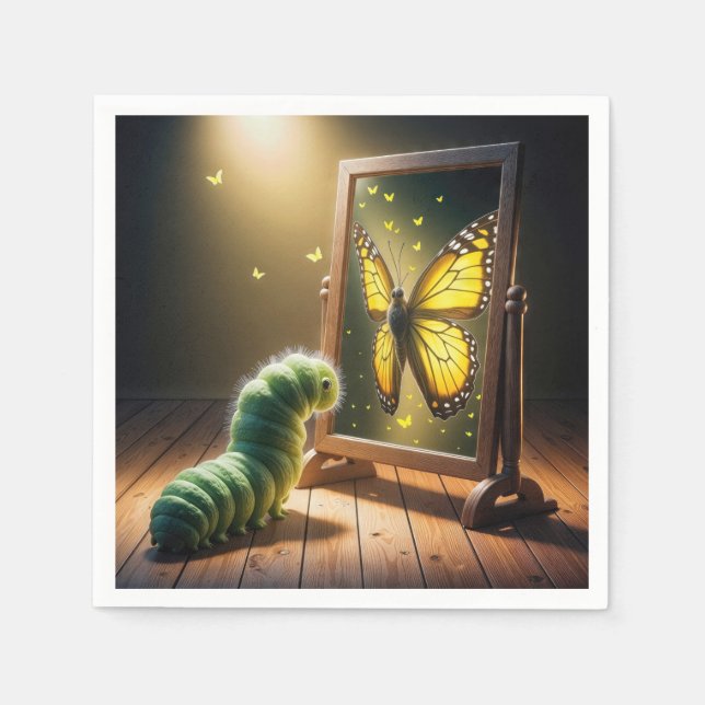 Serviette En Papier Chenille regardant un papillon dans un miroir (Devant)