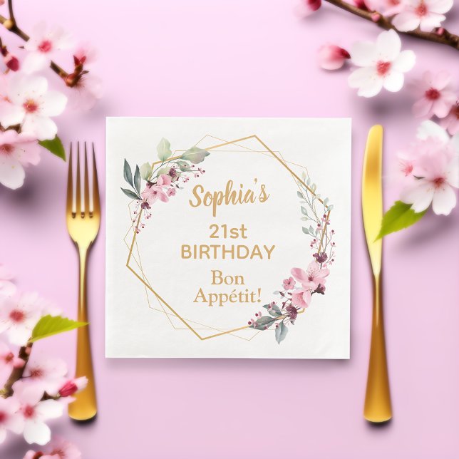 Serviette En Papier Cherry Blossom 21e anniversaire Diner partie Napki (Elegant cherry blossom and gold birthday party paper napkins.)