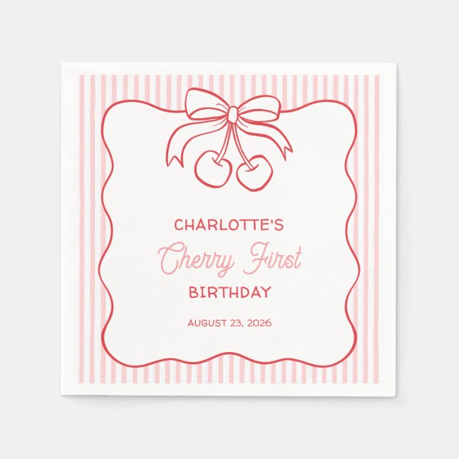 Serviette En Papier "Cherry First" Birthday Pink Stripe Bow Girly (Devant)