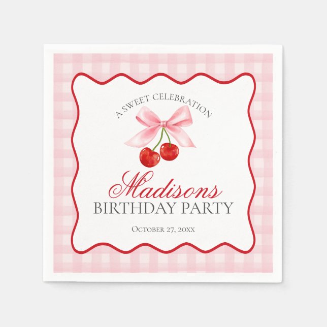 Serviette En Papier Cherry Sweet Coquette Rose Bow En vichy Anniversai (Devant)