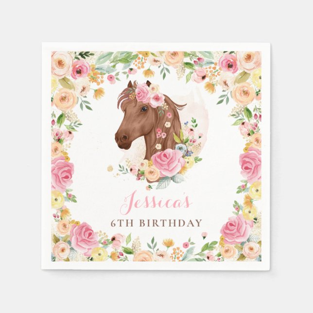 Serviette En Papier Cheval Anniversaire Fête Cowgirl rose Floral Anniv (Devant)