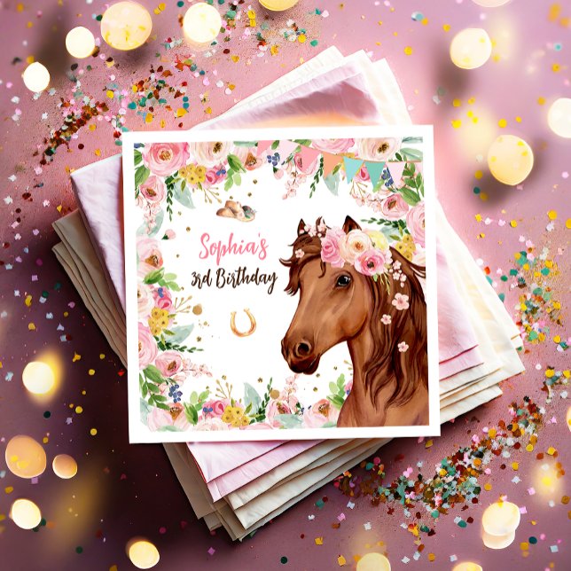 Serviette En Papier Cheval Anniversaire Fille Cowgirl Rose Floral Part (Créateur téléchargé)
