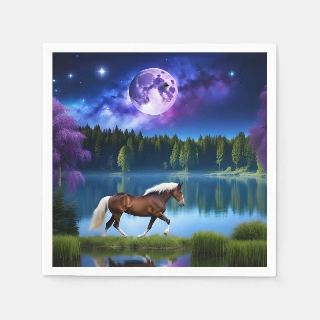 Serviette En Papier Cheval belge Palomino sous ciel étoilé violet (Devant)