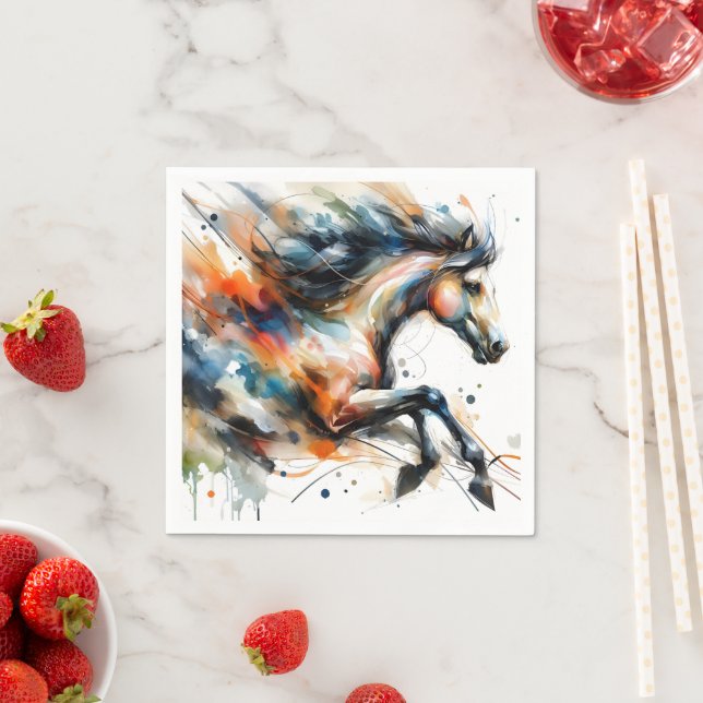 Serviette En Papier Cheval courant à l'aquarelle abstraite (En situation)