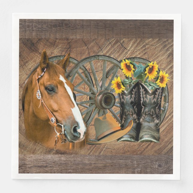 Serviette En Papier Cheval Cowboy Boots Wagon Wheels Sunflowers Wester (Devant)
