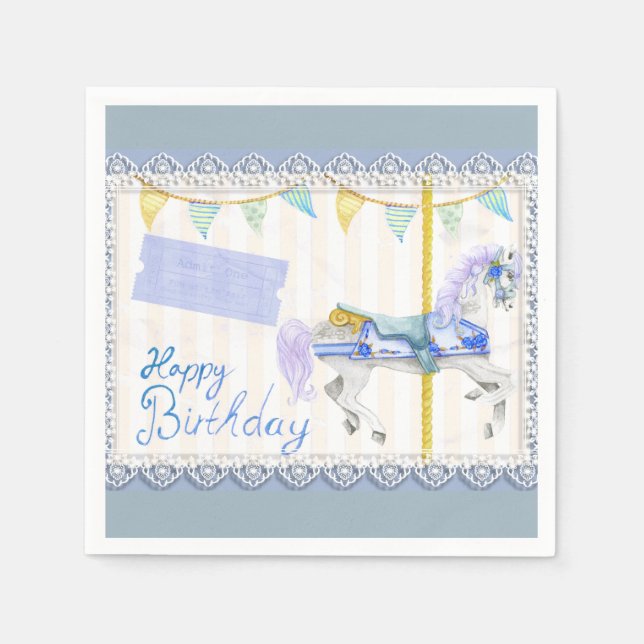 Serviette En Papier Cheval de Carrousel (bleu) Anniversaire (Devant)