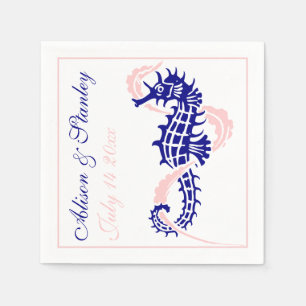 Serviette En Papier Cheval de mer et algues bleu marine, mariage rose