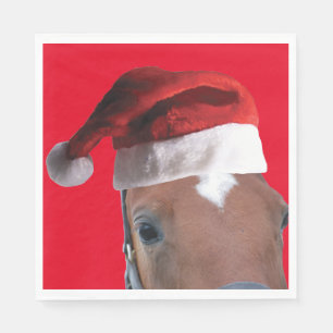 Serviette En Papier Cheval de Noël portant un Casquette du Père Noël