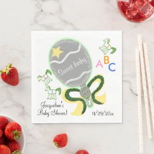 Serviette En Papier Cheval et hochet bébé jaune vert Baby Shower