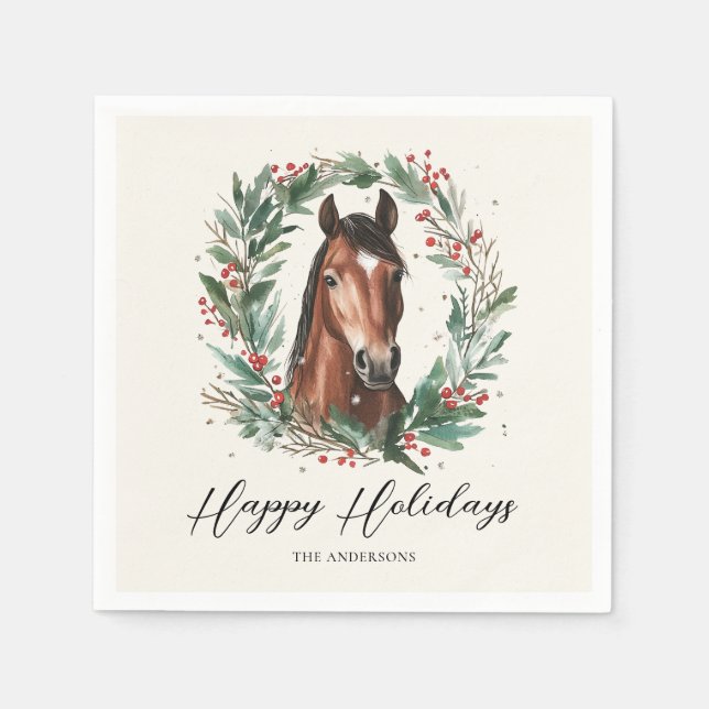 Serviette En Papier Cheval Festif Noël Wreath Joyeuses Fêtes (Devant)