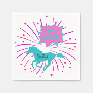 Serviette En Papier Cheval Joyeux Anniversaire rose violet Turquoise