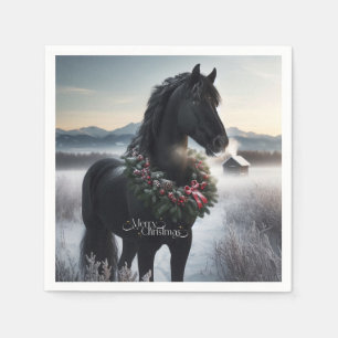 Serviette En Papier Cheval noir dans la neige avec couronne de Noël