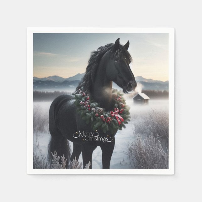Serviette En Papier Cheval noir dans la neige avec couronne de Noël (Devant)