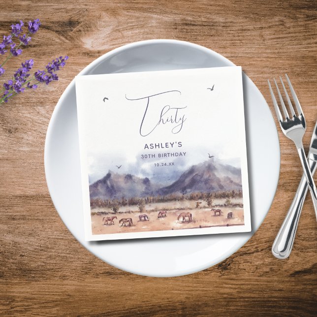 Serviette en papier Cheval Paysage Milestone Anniv (Horses Landscape Milestone Birthday Paper Napkin)