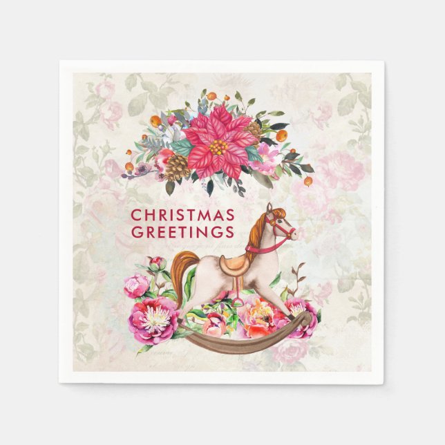 Serviette En Papier Cheval rocheux victorien et Poinsettia Noël (Devant)