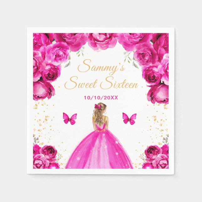 Serviette En Papier Cheveux Blond Rose Chaud Princesse Sweet Seize (Devant)
