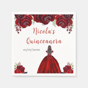 Serviette En Papier Cheveux Bruns Princesse Fleurs Florales Rouges Qui