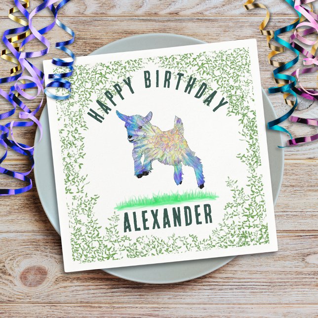Serviette En Papier Chèvre qui saute Joyeux Anniversaire ajouter Nom (jumping goat cute farm animal custom name birthday party napkin adorable baby goat and foliage )