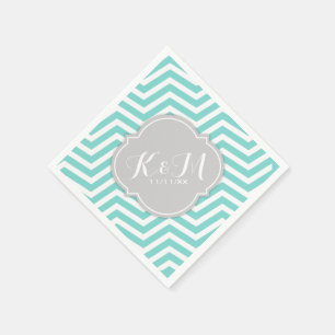 Serviette En Papier Chevron bleu turquoise et blanc avec Monogramme