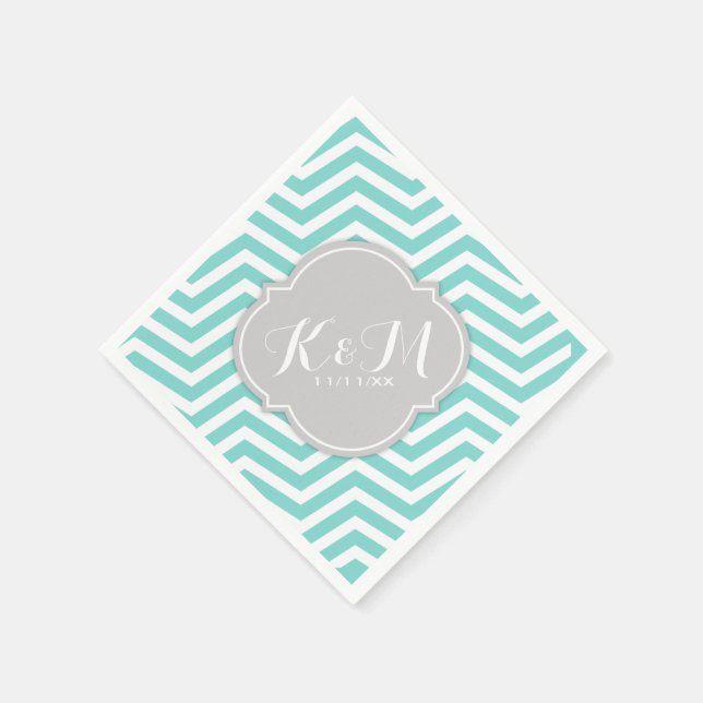 Serviette En Papier Chevron bleu turquoise et blanc avec Monogramme (Coin)