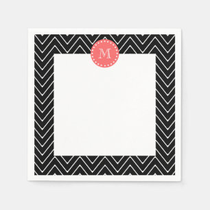 Serviette En Papier Chevron noir et corail avec Monogramme personnalis