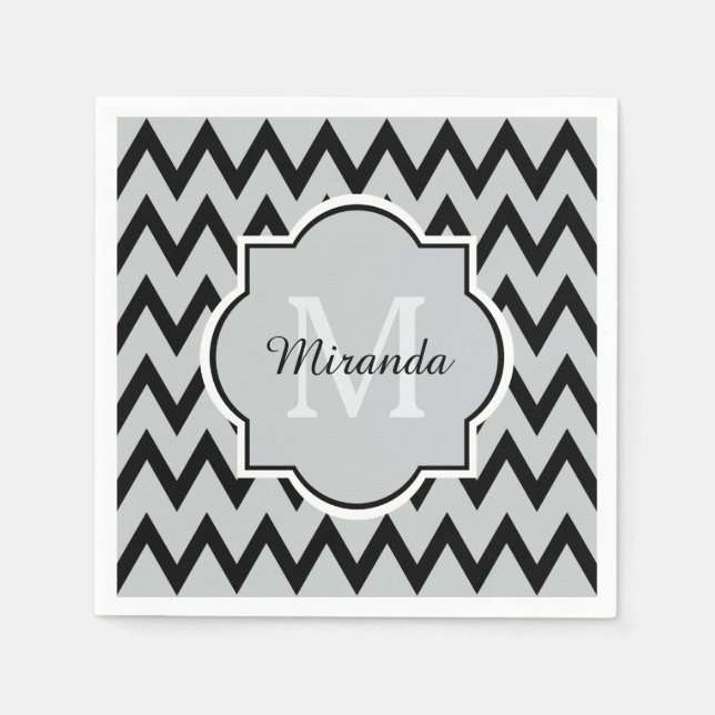Serviette En Papier Chevron Zigzag Nom et Monogramme de Black Grey ten (Devant)