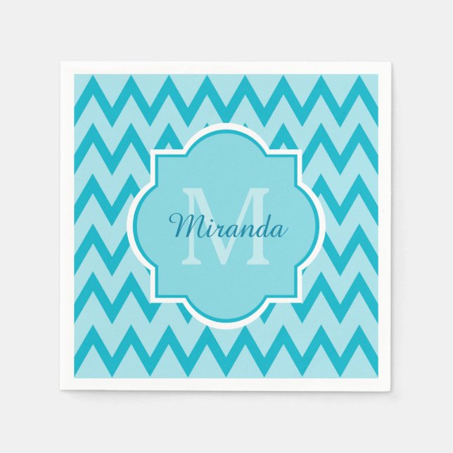 Serviette En Papier Chevron Zigzag Nom et Monogramme tendance Turquois (Devant)