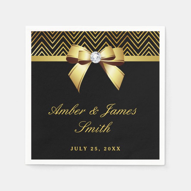 Serviette En Papier Chevrons Black Gold Personnalisé Mariage Bow (Devant)