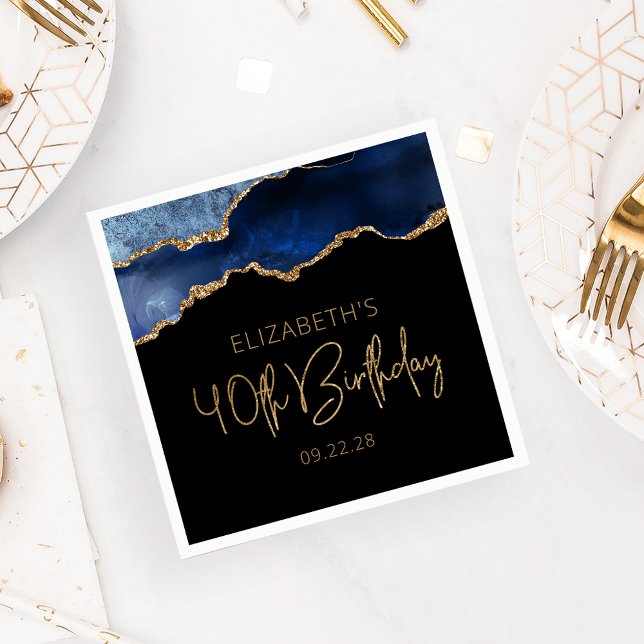 Serviette En Papier Chic Agate Geode Blue Gold 40e fête d'anniversaire (Créateur téléchargé)