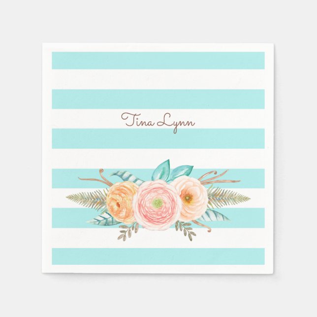Serviette En Papier Chic Aqua Stripes Feminine Floral et nom (Devant)