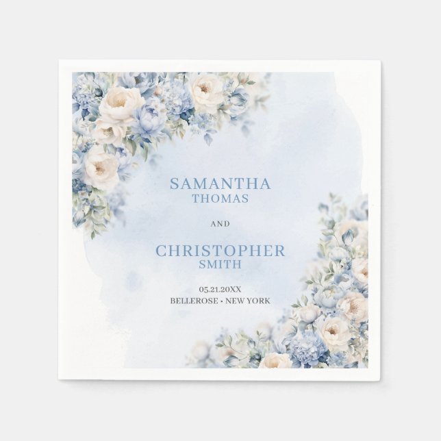 Serviette En Papier Chic aquarelle bleu hydrangea fleurs blanches (Devant)