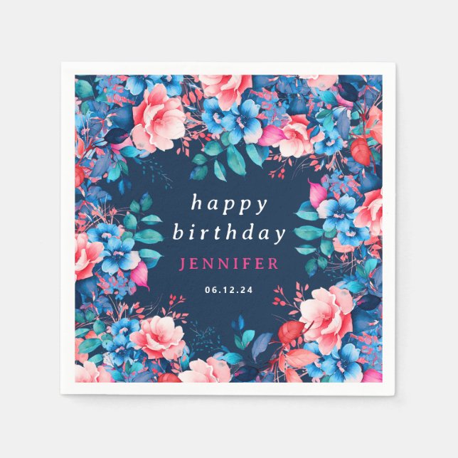Serviette En Papier Chic Aquarelle Floral Joyeux Anniversaire Marine B (Devant)
