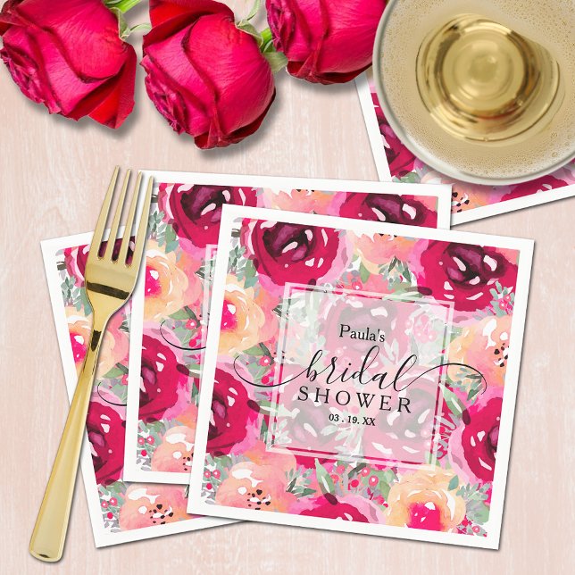 Serviette En Papier Chic Aquarelle rose Fête des mariées florale (Chic watercolor pink and cream floral bridal shower personalized napkins)