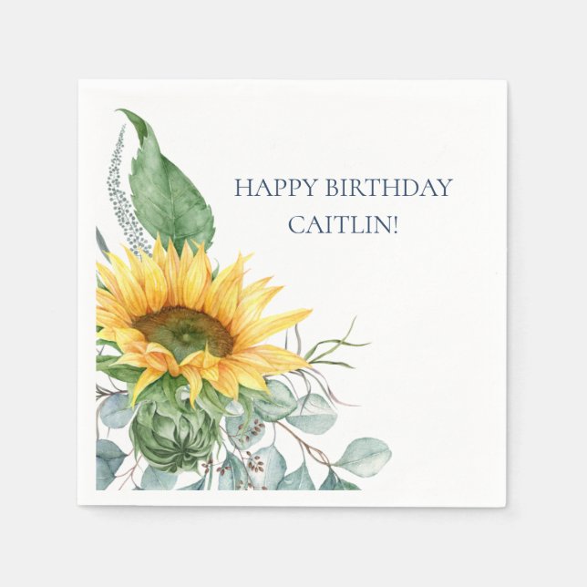 Serviette En Papier Chic Aquarelle Tournesol Floral Anniversaire servi (Devant)