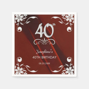 Serviette En Papier Chic Argent Cadre Floral Bourgogne 40e anniversair