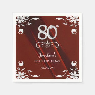 Serviette En Papier Chic Argent Cadre Floral Bourgogne 80e anniversair