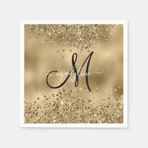 Serviette En Papier Chic Black Gold Parties scintillant Monogramme Nom