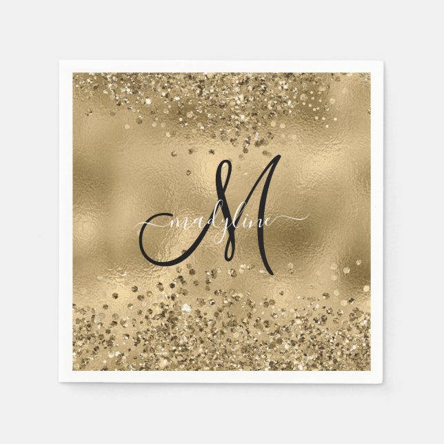 Serviette En Papier Chic Black Gold Parties scintillant Monogramme Nom (Devant)