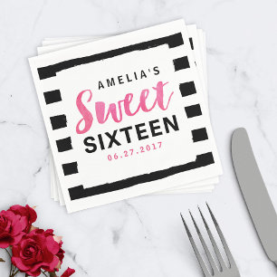 Serviette En Papier Chic Black & White Stripes Sweet 16 Anniversaire