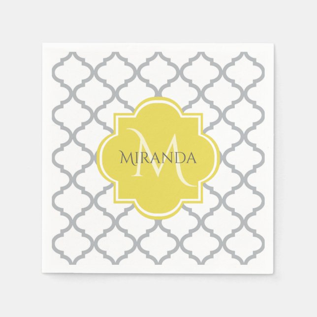 Serviette En Papier Chic Blanc Gris Quatrefoil Jaune Nom Monogramme (Devant)