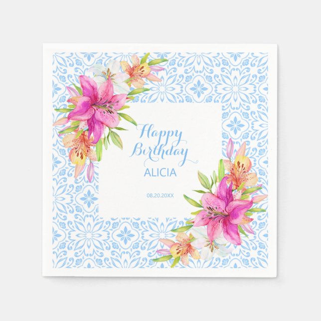 Serviette En Papier Chic bleu portugais Azulejo Mosaic Lily Anniversai (Devant)