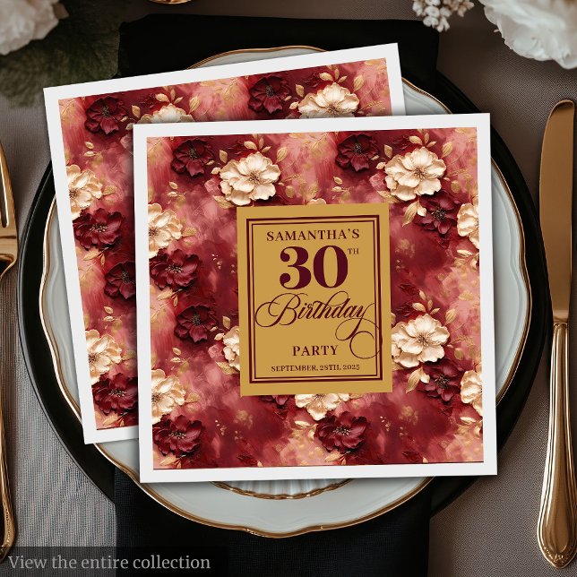 Serviette En Papier Chic Blush Bourgogne Gold Boho 30e fête d'annivers (Chic Blush Burgundy Gold Boho 30th Birthday Party Napkins)