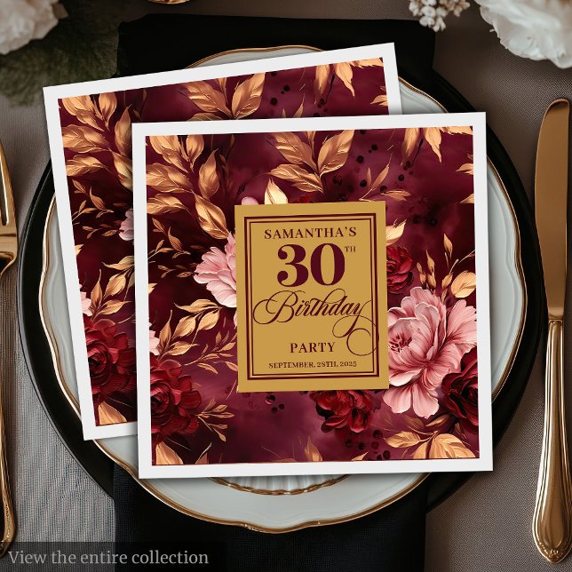 Serviette En Papier Chic Blush Bourgogne Or 30e Anniversaire Napkins (Stylish Blush Burgundy Gold 30th Birthday Napkins )