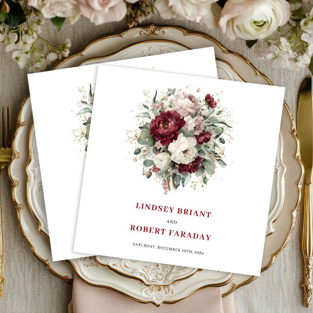 Serviette En Papier Chic Bohème Bourgogne Fleurs Verdure Or (Chic Bohemian Burgundy Flowers Greenery Gold Napkins)