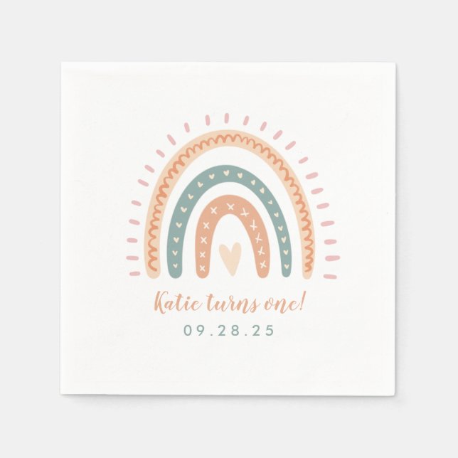 Serviette En Papier Chic Boho Rainbow Pastel Premier Anniversaire (Devant)