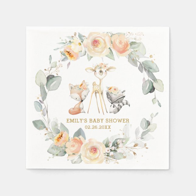 Serviette En Papier Chic Bois Animaux Baby shower Floral Jaune (Devant)