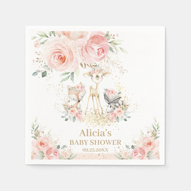 Serviette En Papier Chic Bois Animaux Blush Floral Baby shower (Devant)