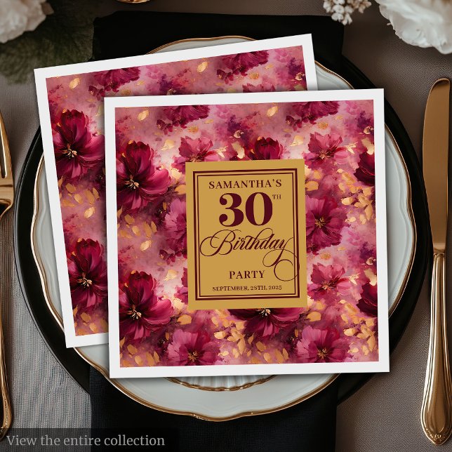 Serviette En Papier Chic Bourgogne Blush Gold 30e table d'anniversaire (Chic Burgundy Blush Gold 30th Birthday Table Napkins)