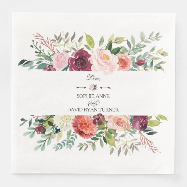 Serviette En Papier Chic Bourgogne Blush Ivory Floral Wreath Mariage (Devant)