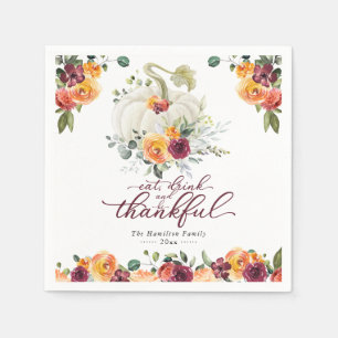 Serviette En Papier Chic Bourgogne Floral Blanc Citrouille Thanksgivin